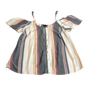 Torrid Top Womens Medium Striped Crepe Rayon Cold Shoulder Button Beach Blouse